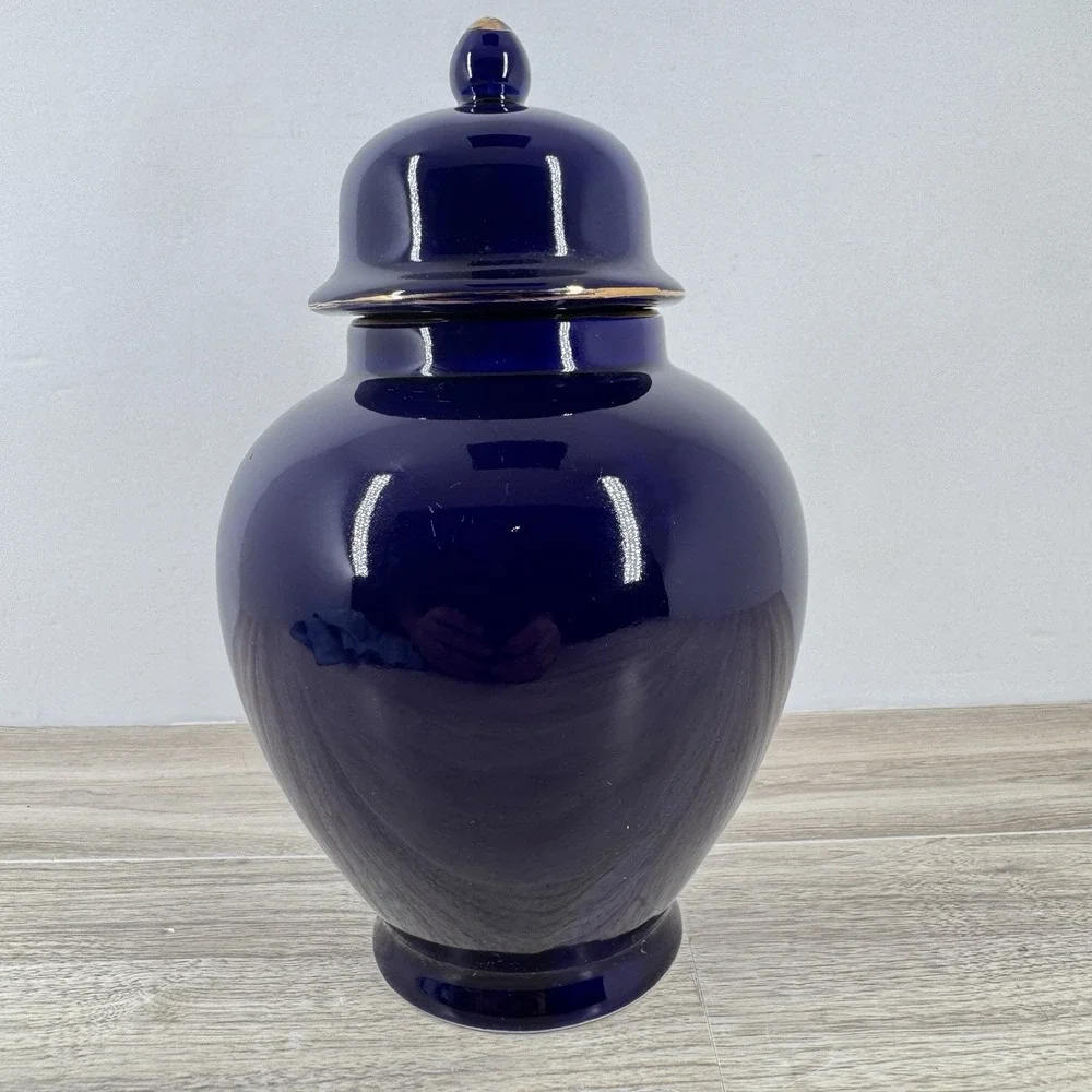 Vintage Japan Cobalt Blue‎ Gold Pheasant Floral Lidded Ginger Jar Urn